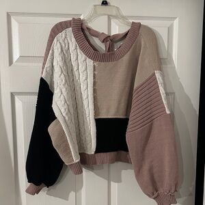 POL Pink, Cream & Black Colorblock Cable-Knit Crew Sweater